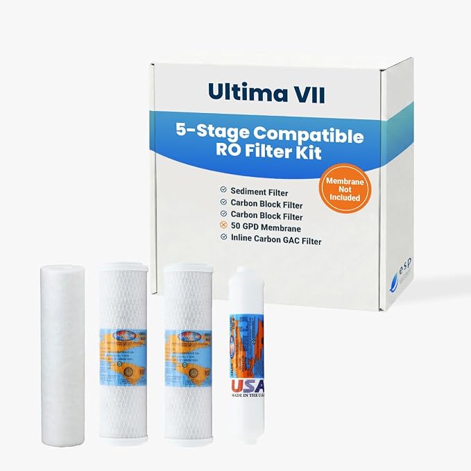 Ultima VII Compatible 5-Stage RO Filter Kit – Annual Replacement Filters for Ultima 7 Reverse Osmosis System – RO Membrane Not Included – Change Every 6 to 12 Months