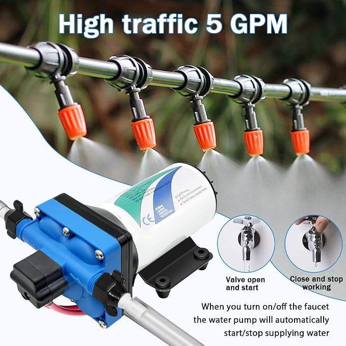 12V DC electric high-pressure self-priming diaphragm pump, Equipped with pressure switch，5.5GPM, 70Psi, for RV Marine Yacht Lawn Garden