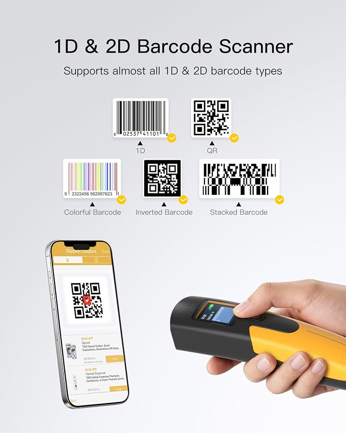Inateck 2D Wireless Barcode Scanner with 1.4" TFT Screen, Portable Bluetooth Barcode Reader, 2600mAh Battery, Fast Linear Code Scanning for Inventory, Library, Warehouse, Nano 260D