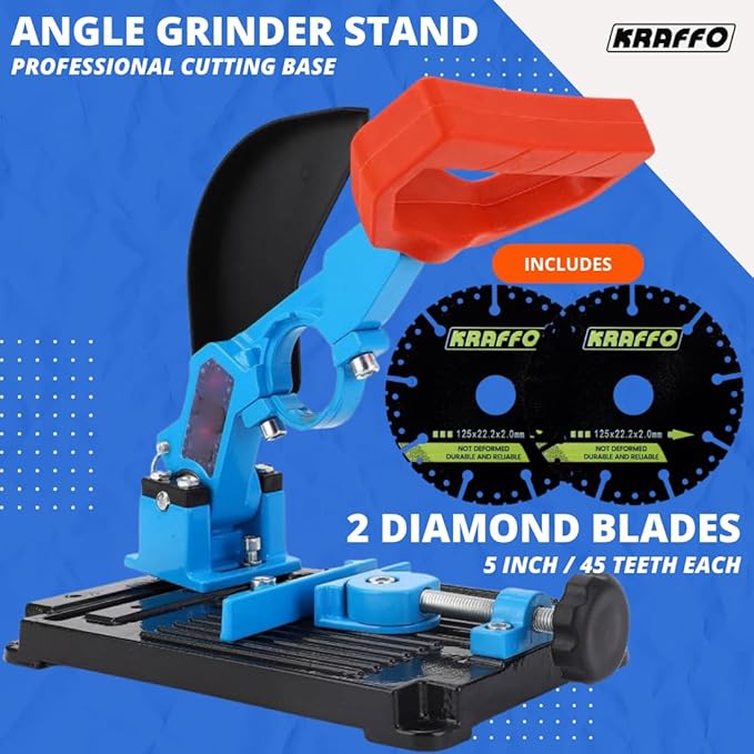 Angle Grinder Stand & Diamond Blade Set - Heavy-Duty Aluminum, 0–45 Cutting - Fits 38–48mm Grinders, Adjustable Clamp & Protective Cover - Perfect for Metal, Steel Pipe, Wood