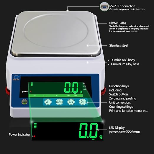 Large Range 10kg x 0.1g Precision Lab Balance Scale Grain/Gram Scale Scientific Scale Calibrated Scale Industrial Laboratory Weighing and Counting Scale Table Top Scale | for Lab, Jewelry