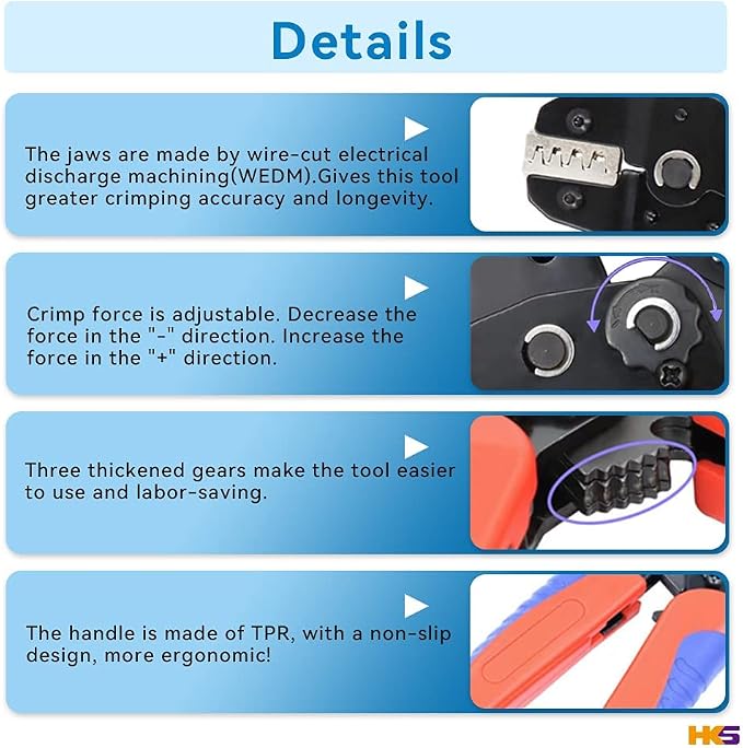 HKS Ratcheting Crimping Tool Set 12 PCS with Wire Stripper & Changeable Jaws for Dupont JST MOLEX - Open Barrel Terminals, Insulated & Non-Insulated Ferrules, Butt Connectors, Solar & Coax Connectors