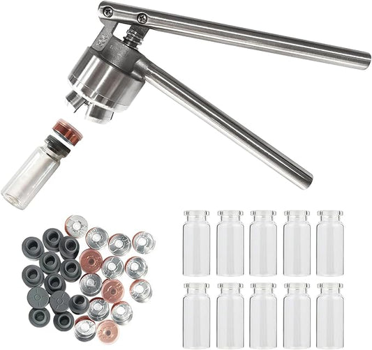 YaeTek 20mm Vial Manual Crimper Hand Sealing Machine + 10 x 10ml Vials & Stopper&Caps - Crimper Medical/Bottle Cap Crimping Tool/Antibiotics Bottle Capper Machine/Hand held Capping Machine