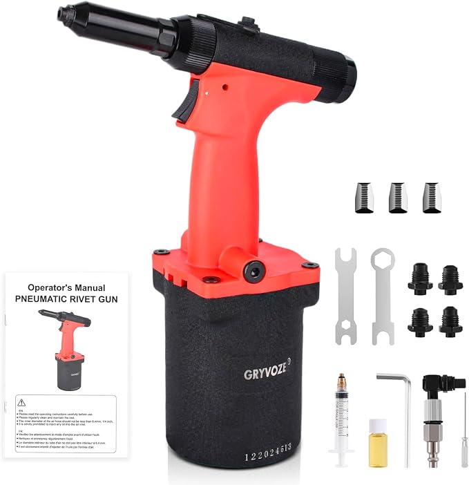 Pneumatic Rivet Gun Air Pop Riveter Tool Kit with 1/8", 5/32", 3/16", 1/4" Rivet Nozzles, Pneumatic Riveting Gun, Upgraded Air Riveter Hydraulic Pop Riveting Rivets Tool, No-Self-Suction