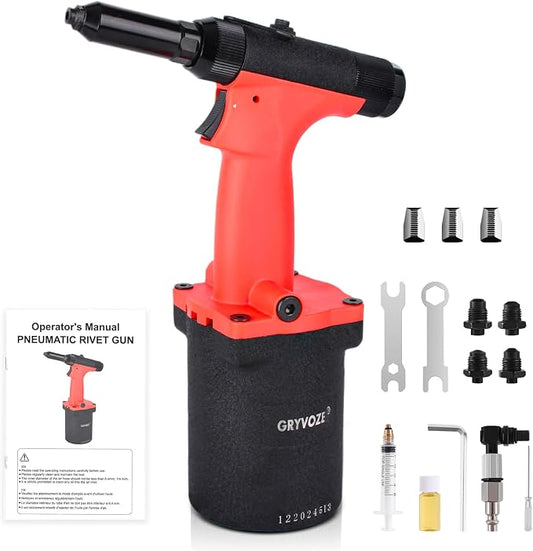 Pneumatic Rivet Gun Air Pop Riveter Tool Kit with 1/8", 5/32", 3/16", 1/4" Rivet Nozzles, Pneumatic Riveting Gun, Upgraded Air Riveter Hydraulic Pop Riveting Rivets Tool, No-Self-Suction