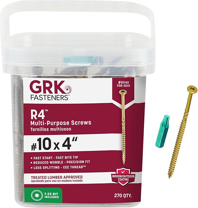 GRK Fasteners R4™ #10 x 4 Inch, Multi-Purpose Framing Screws, 270 PCS, Rust Resistant Climatek™ Coating, Outdoor Fencing and Deck Screws, Fast Bite Tip, Star Drive Recess, T-25 Bit Included, Gold