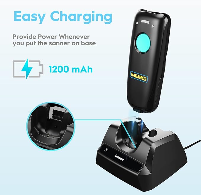 NADAMOO 2D Wireless Barcode Scanner Compatible with Bluetooth, Portable USB 1D 2D QR Code Scanner, Bar Code Image Reader for Tablet iPhone iPad Android iOS PC POS, with Charging Dock - Blue
