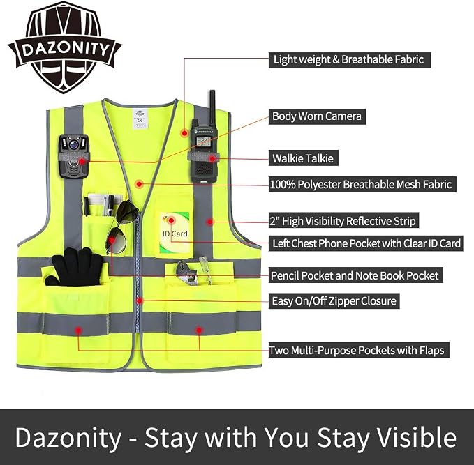 Dazonity High Visibility Safety Vest with Multi Pockets and Zipper, 10pcs, Reflective Strips, Fit for Men & Women, Work, Construction,Cycling, Runnning, Surveyor, Volunteer (Red-XL)
