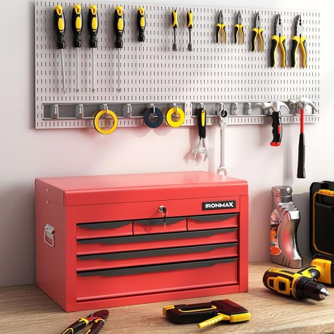 Large Metal Tool Box, ARNOT Tool Box with 6 Drawers & Top Tray, Heavy-Duty Steel Tool Chest with Auto-Locking Drawers and Side Handles for Garage & Workbench, Black (Red)