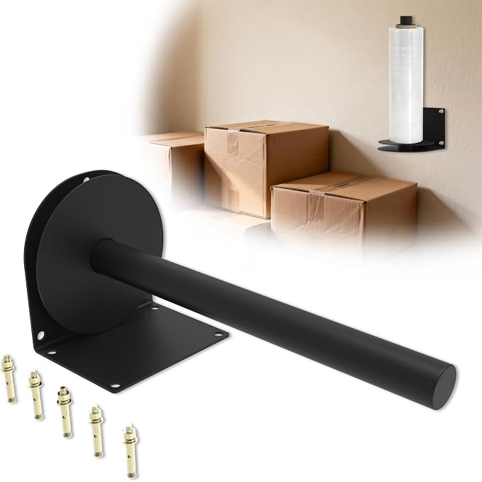 Wall Mounted Stretch Wrap Dispenser Stand – Heavy-Duty Shrink Film Roll Holder & Packing Rack for Warehouse Logistics Use – Sturdy Machine-Style Mount with Easy-Pull Handle for Smooth Wrapping
