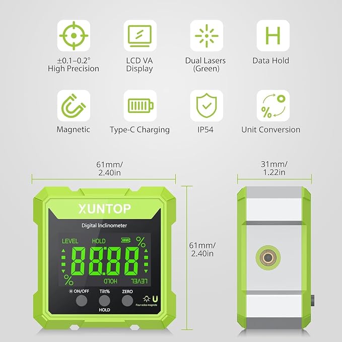 XUNTOP 4x90° Digital Angle Finder with Green Laser(Class 2, <1mW Output) 4 Sided Strong Magnetic Digital Angle Gauge Rechargeable IP54 Waterproof Level Box with VA Display for Woodworking Construction