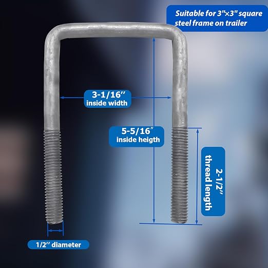 4 Pcs Hot Dipped Galvanized Square U-Bolts,1/2" D x 3 1/16" W x 5 5/16" L,Boat Trailer U-Bolts 3 inch Wide with Washers and Nuts for Boat Trailer,Automobiles,Industrial,Heavy Duty U Bolt