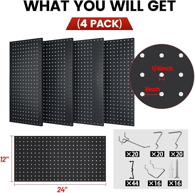 Peg Board, Metal Pegboard Wall Organizer System, 12x24 in Heavy-Duty Steel Peg Board with 38 Hooks, Modular Expandable Pegboard for Garage, Workshop & Home Organization (Black, 4 Pack)