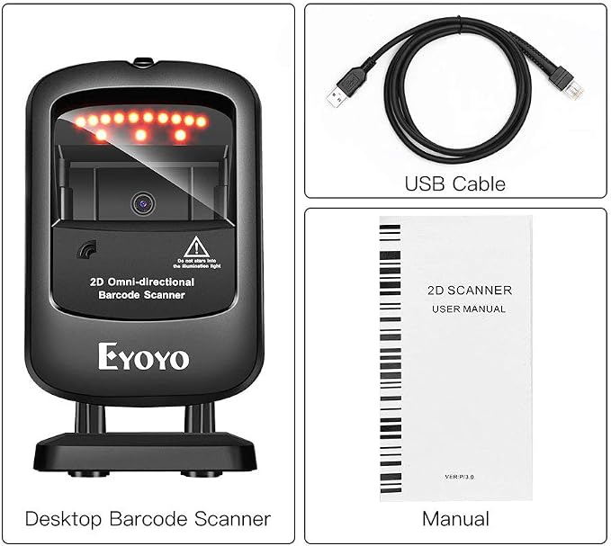 Eyoyo 1D 2D Desktop Barcode Scanner, Omnidirectional Hands-Free USB Wired Barcode Reader, Capture Barcodes from Mobile Phone Screen, Automatic Image Sensing for Supermarket Library Retail Store
