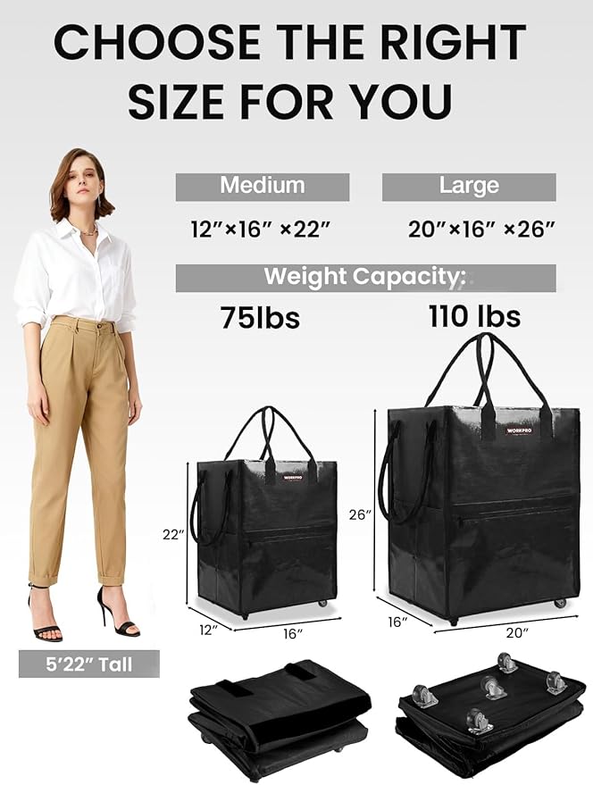 WORKPRO Medium Reusable Grocery Bag on Wheels, Heavy Duty Rolling Shopping Tote with Handle, Folding Trolley on 4 Caster Wheels for Groceries, Laundry, Camping, Moving