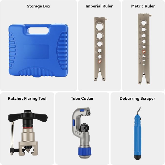 Flaring Tools Set: Ratchet Flaring Tool with Steel Ball Positioning (Patented), CT-532 Tube Cutter, Deburring Scraper & Dual-Scale Rulers for HVAC, Refrigeration & Plumbing