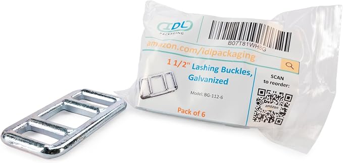 Cord Strapping Buckles 1 5/8" (6-Pack) for Cord Lashing up to 1 5/8" Width - Heavy-Duty Buckles with Anti-Slip Galvanized Coating for Woven Cord Lashing - Superior Breaking Strength by IDL Packaging