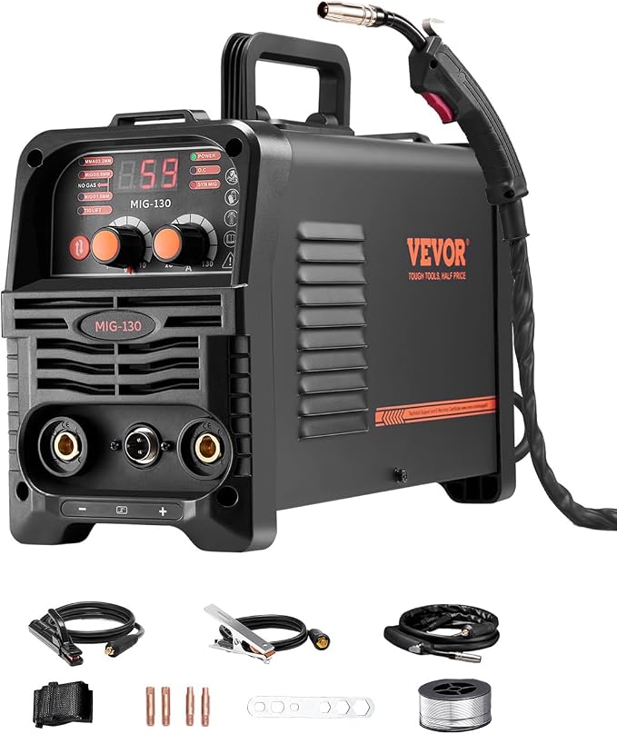 VEVOR MIG Welder, 130Amp Synergic Mig Welding Machine, 3-in-1 Flux Core MIG/Stick/Lift TIG Multi-Process Welder Machine, 110V Portable Mig Welder with IGBT Inverter Technology & Digital Display Screen