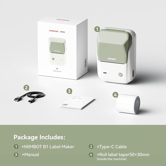 NIIMBOT B1 Label Maker Machine with Tape, 2 Inch Portable Sticker Printer for Home School & Small Business, Compatible with Phones & PC, Green White