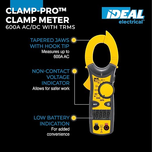 Ideal Electrical Clamp-Pro Digital Clamp Meter | 600A AC Measurement, Non-Contact Voltage Indicator (70–600V AC), Continuity Test, Auto/Manual Ranging, Data Hold, Auto Power Off, Low Battery Alert