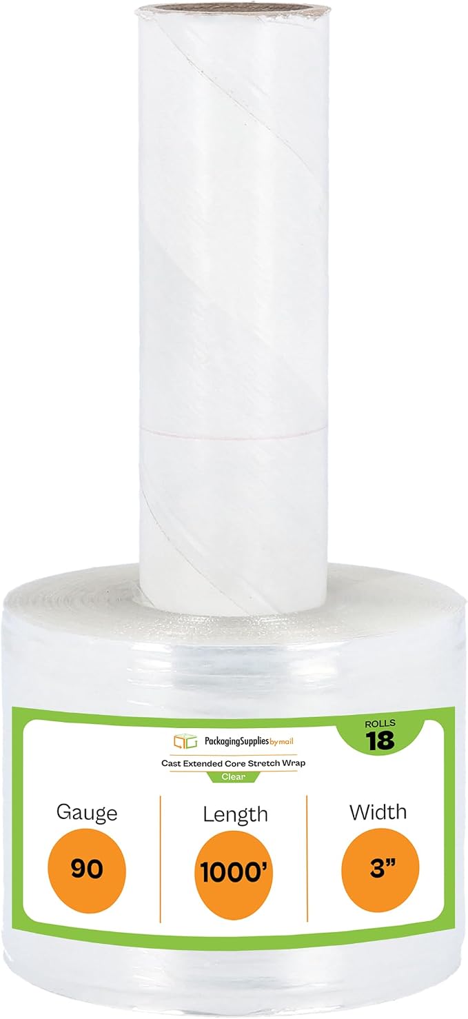 PSBM Mini Stretch Wrap with Extended Core Handles, 18 Rolls 3 Inch x 1000 Feet 90 Gauge Heavy Duty Clear Plastic Wrap Industrial Strength Shrink Film for Moving, Packing & Shipping