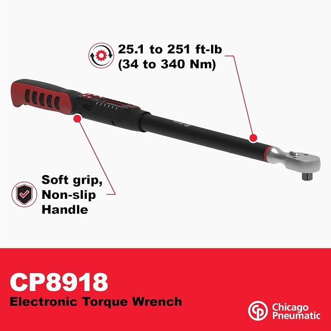 Chicago Pneumatic CP8918-1/2 Inch Digital eTorque Wrench, 25 ft-lb (34 Nm) to 250 ft-lb (340 Nm)