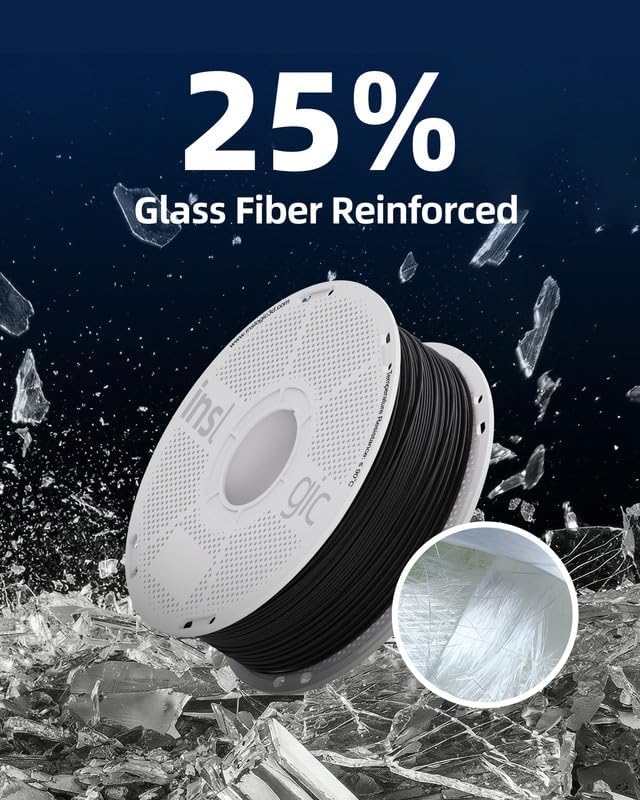 Inslogic PA6-GF25 Nylon Filament Reinforced with Glass Fiber 1.75mm, High-Temp 3D Printing Material, 1kg×2 Spool Filament, Tough & Heat-Resistant, for Industrial FDM Printers (Black+Grey)
