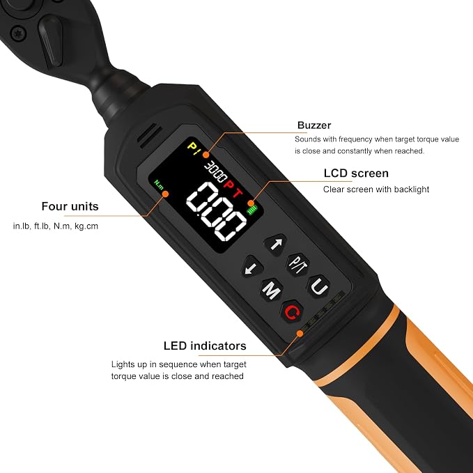 Uharbour Digital Torque Wrench 1/4 Drive, 1.1-22.1 Ft-lbs/1.5-30Nm Range, Electric Torque Wrench with Dual Direction Ratchet, ±1% Accuracy with Vibration, Buzzer and LED Alert