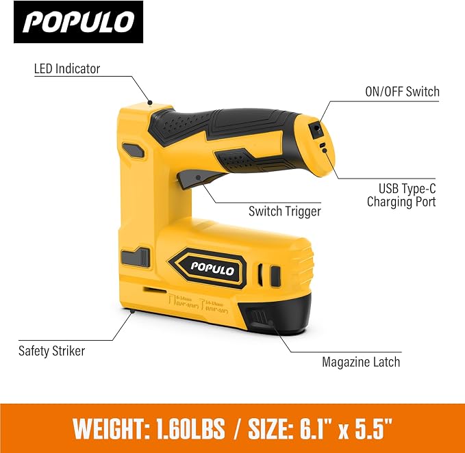 POPULO Electric Staple Gun, 2 in 1 Electric Stapler Tacker 4V Cordless Brad Nailer Kit, Battery Powered Nail Gun for Upholstery, Carpentry, DIY with Staple Remover, 1600 Staples and Nails, Yellow