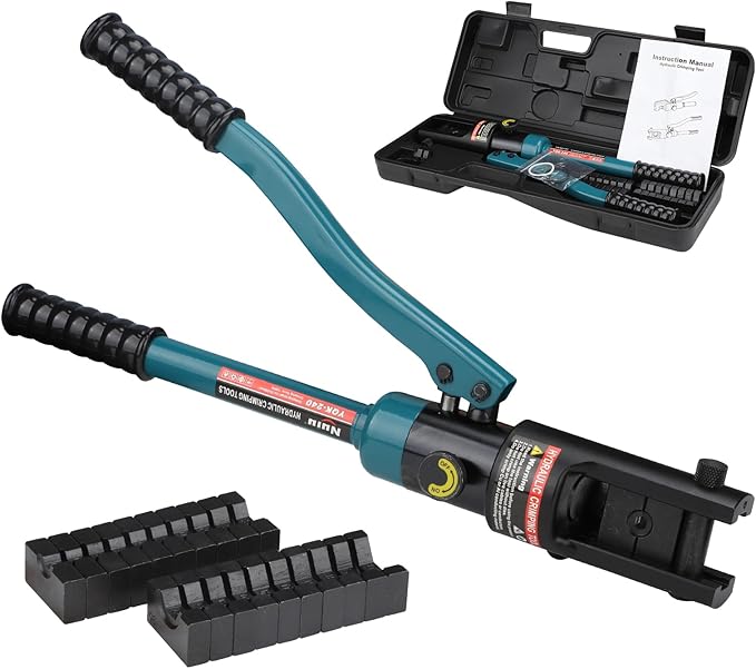 YQK-240 Hydraulic Crimping Tool 12T, Wire Crimper for Battery Cable Terminals 16-240mm²(6 AWG to 7/0 AWG)with 10PCS Hex Dies,16mm Stroke, 180°Swivel Head - Professional Electrician Crimper(Blue)