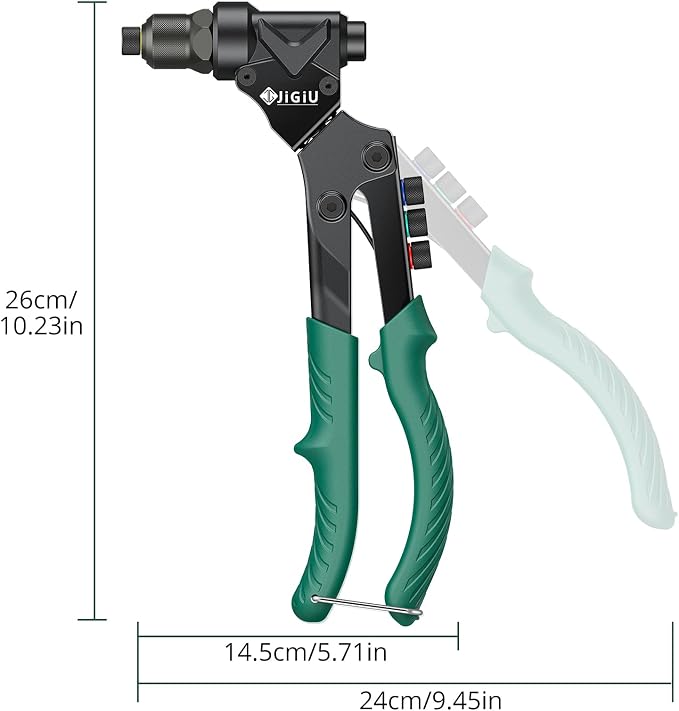 JiGiU 3 in 1 Rivet Gun Kit, Rivet Nut Tool Manual Pop Rivet Gun Tool Multi Size with 4 Mandrels, 4 Rivet Head & 2 Reaming Mandrels, 360° Swivel Head for Metal, Automotive, Sheet Metal, DIY Repair