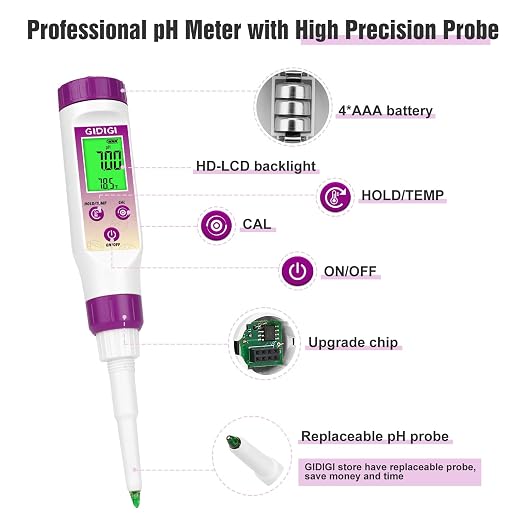 pH Meter for Food, Digital Electronic pH Tester for Fermentation, 3 * 50ml pH Calibration Solution Kits Hot Sauce, Food Tester Probe for Cheese, Sourdough, Salsa, pH Test Strips for Acidity