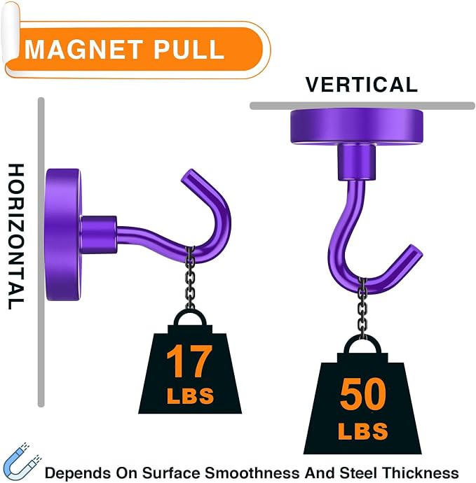 MIKEDE Magnetic Hooks 50Lbs+ Heavy Duty Magnet Hooks for Cruise Cabins | Super Neodymium Hanging Hooks Strong Magnets with Hook for Fridge, Magnetic Hanger for Grill Toolbox Storage Purple 4 Pack