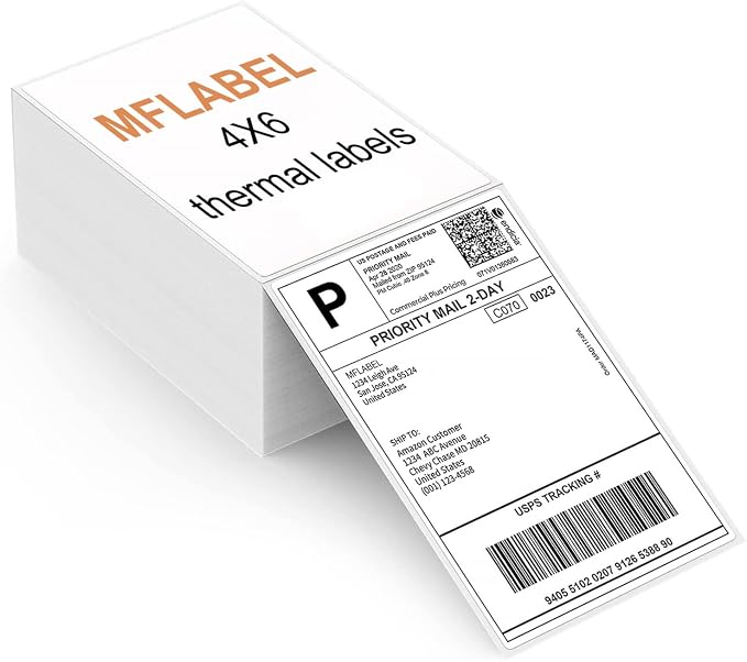 MFLABEL 4x6 Direct Thermal Labels (500 Labels) 4" x 6" Perforated Shipping Labels Compatible with Zebra Printers Fanfold Thermal Label Stickers for Shipping Packages - 1 Stacks White Labels