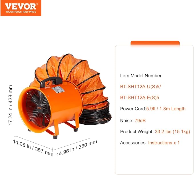 VEVOR Air Mover Blower Fan 12 Inch, 3198CFM 585W with 16.4ft Flexible Duct, Industrial Portable Ventilator Blower/Exhaust