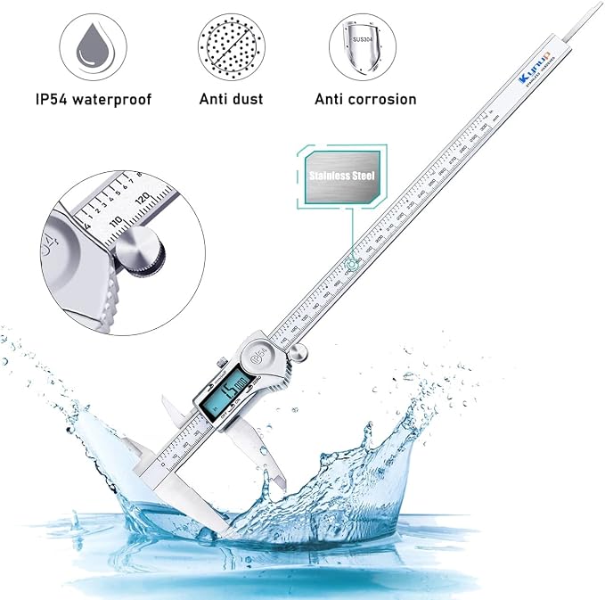 Kynup 0-12 Inch Digital Caliper, Caliper Measuring Tool with Stainless Steel, IP54 Waterproof Protection Design, Easy Switch from Inch Metric Fraction, Large LCD Screen (200mm/300mm)