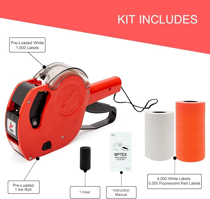 Motex Genuine MX-5500NEW 1 Line 8 Digits Price Tag Gun Kit - Includes 10,000 Blank Labels (White + Red) and 1 Pre-Loaded Inker with 1 Ink Refill - for Grocery Store, Retail Shop, Garage Sale