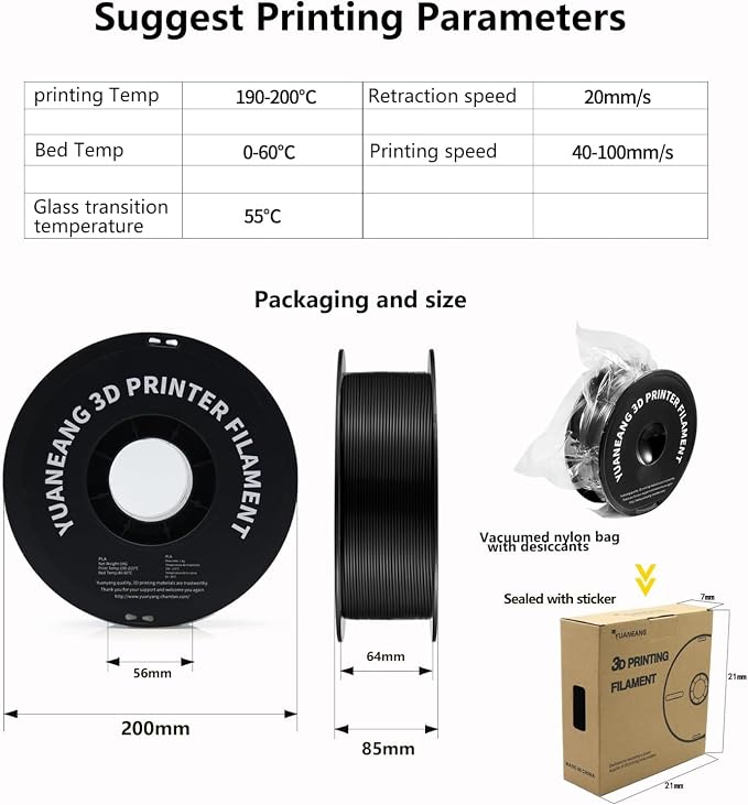 Black PLA 3D Printer Filament 1.75mm, 1kg Spool, ±0.03mm Dimensional Accuracy, Low-Warp & Easy Printing, Ideal for Prototypes, Models