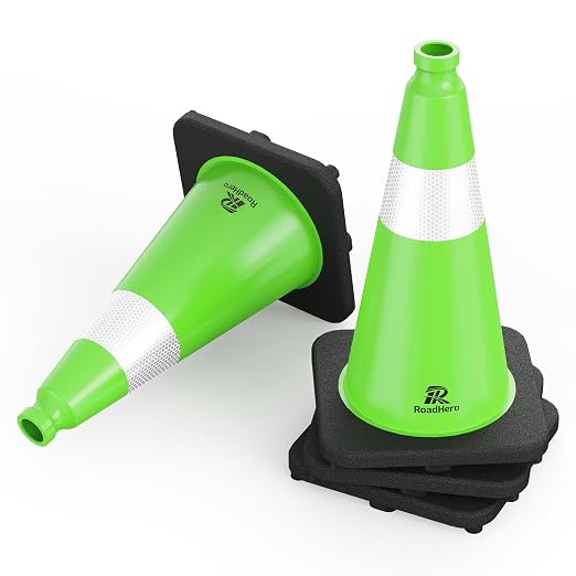 RoadHero 4 Pack Traffic Safety Cones 18 Inch with Black Weighted Base, Plastic PVC Lime Green Traffic Cone with Reflective Collar for Parking Lot, Construction Events, Road Safety