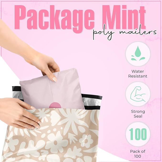 Package Mint Poly Mailers 10x13-100 Pack Boho Tropical Design Poly Mailer Shipping Bags - Waterproof, Tear-Resistant, Self-Adhesive Seal - Decorative Mailing Bags for Clothes and Accessories
