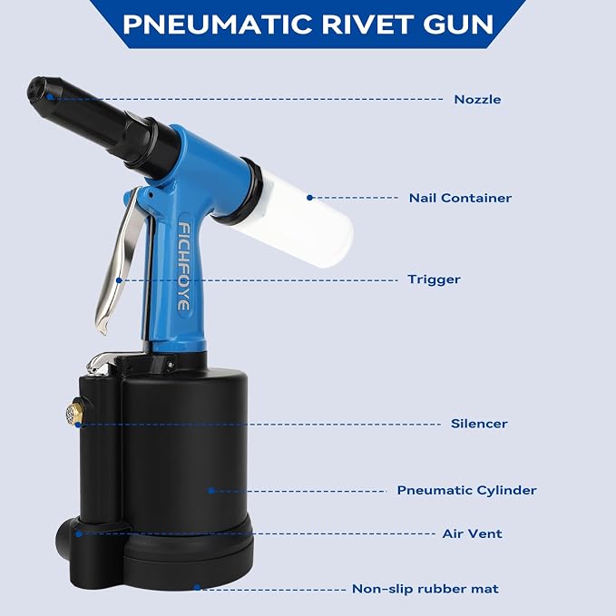 Heavy Duty Pneumatic Rivet Gun, 4000LBF Air Rivet Gun Set- 3/32", 1/8", 5/32", 3/16", 1/4" Riveter with NPT 1/4 inch for Automotive, Construction, Manufacturing Industries