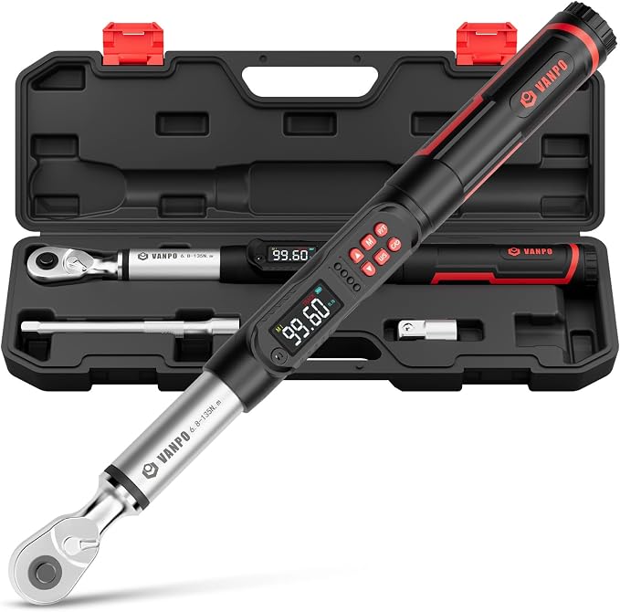 VANPO Digital Torque Wrench 3/8 Inch Drive, 5–99.6 Ft-Lb, for Automotive | High Contrast Backlit LCD, Fast-Adjust Control, Vibration, Buzzer, LED Alert, Electric Torque Wrench for Motorcycle & Bike