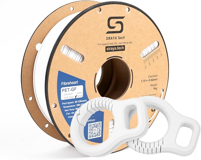 Siraya Tech Fibreheart PET-GF 3D Printing Filament - 15% Glass Fiber Reinforced, UV Resistant, Low Moisture Absorption, High Strength & Rigidity for Industrial Applications (White, 1kg)