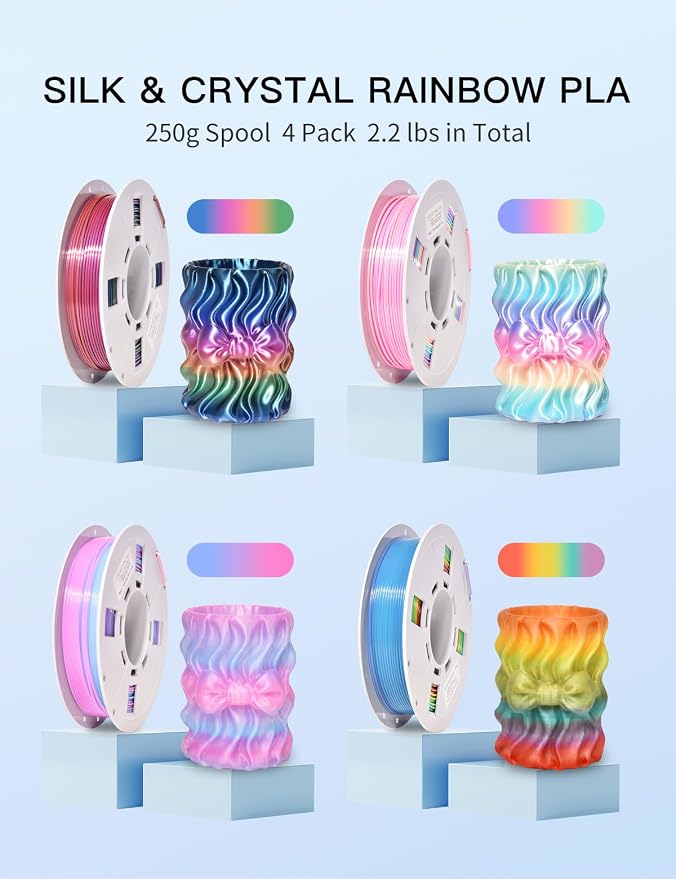 PINBALL Silk Rainbow & Crystal Rainbow PLA Filament 1.75mm, 3D Printer Filament Fast Color Change, Fit Most FDM Printers, 250g Spool, 4 Rolls