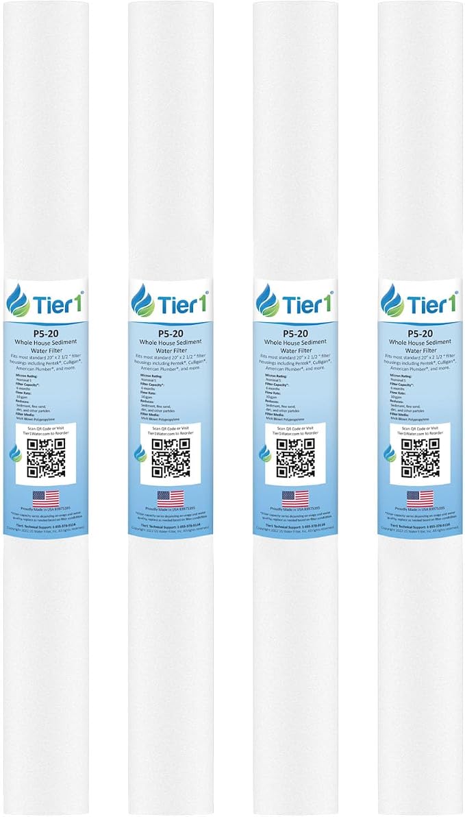 Tier1 5 Micron 20x2.5 Water Filter | Spun Wound Polypropylene Whole House Sediment Cartridge | Replacement for Pentek P5-20, 155016-43, SDF-25-2005 | 2.5 x 20 P5-20 Water Filter (4-Pack)
