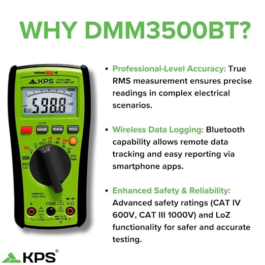 KPS DMM3500BT TRMS Multimeter – 1000V with Bluetooth, NCV, and Backlit Display | Ideal for Professional Electricians & HVAC Technicians