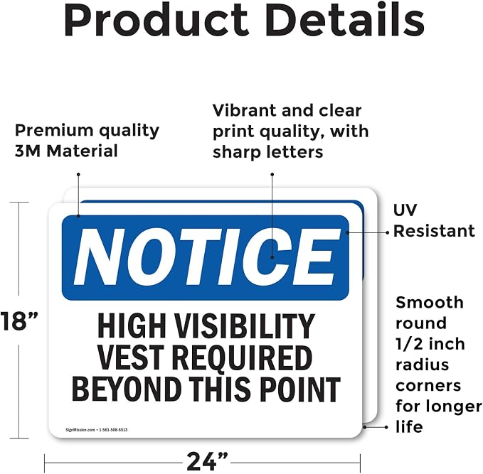 (2 Pack) High Visibility Vests Required Beyond This Point OSHA Notice Sign 24 Inch X 18 Inch Vinyl Label Decal Sticker Weather Resistant, UV Protected for Workplace, Business, and Construction Site, Made in the USA