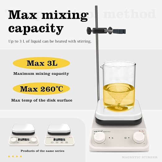 LAB FISH HS6 Magnetic Stirrer Hot Plate, 260℃ 200-1500RPM | 5.2 inch square ceramic hot plate, 3L, knob speed control, with stand & stir bar for lab heating & mixing
