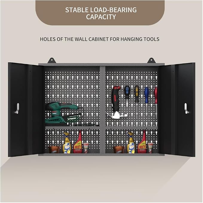 JZD Steel Hanging Upper Garage Cabinets with 22 Tool Hooks, Wall Cabinet for Tool Organization, Black & Grey