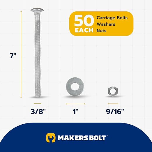 3/8" x 7" (50 Pack) Galvanized Carriage Bolt Kit, Grade 307A, Hot Dip Galvanized for Exterior Use by Makers Bolt